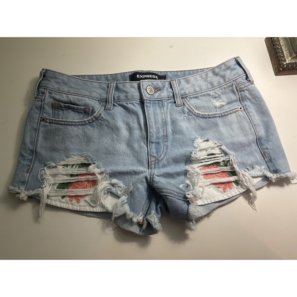 Express Light Blue Distressed Denim Jean Shorts with Floral Patch